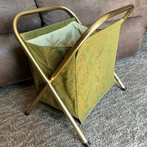 Folding Yarn / Craft Tote Basket Green Gold Tapestry
